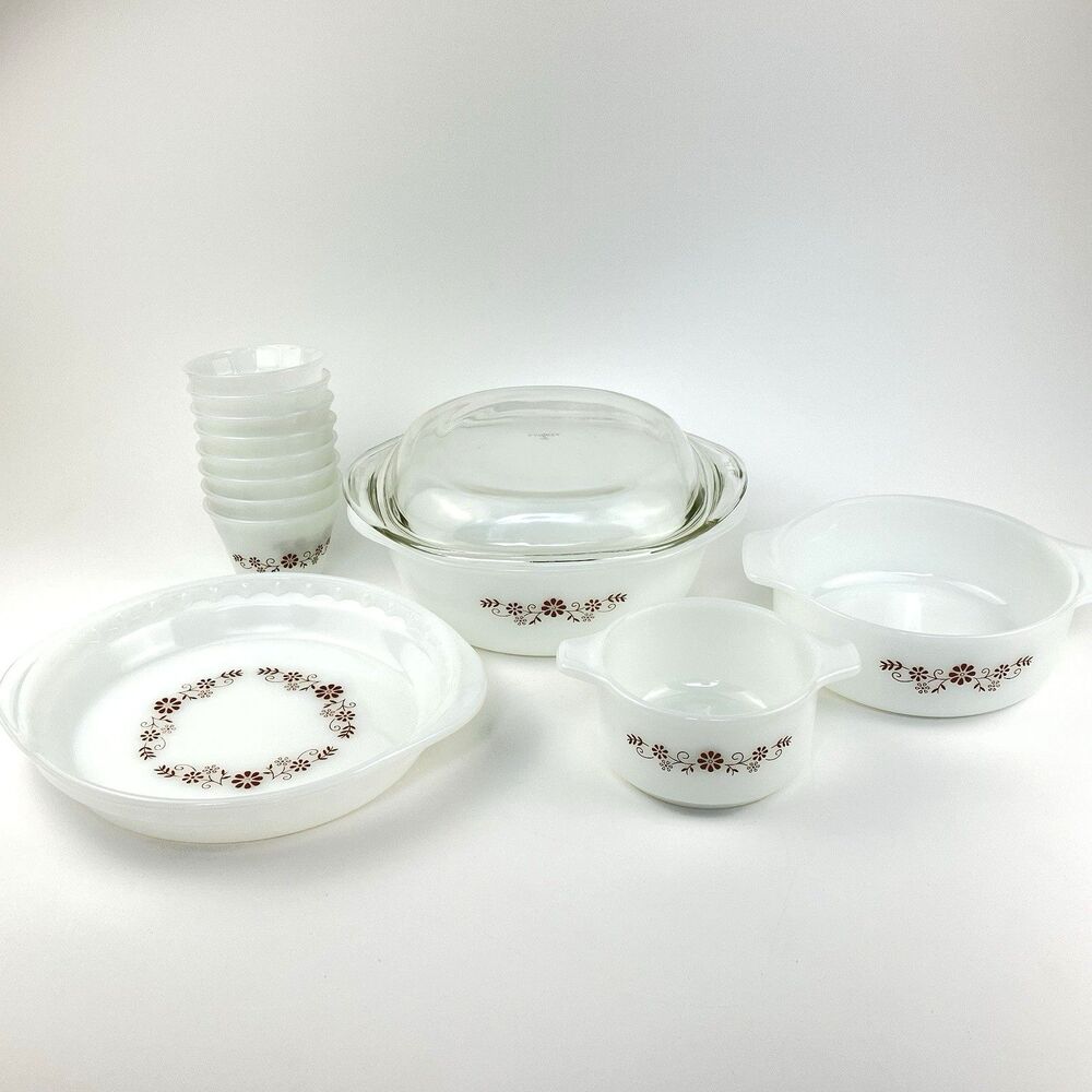 Dynaware Pyr-O-Rey Milk glass Brown Daisy Dishes Full Set of 12 1960s VTG Rare